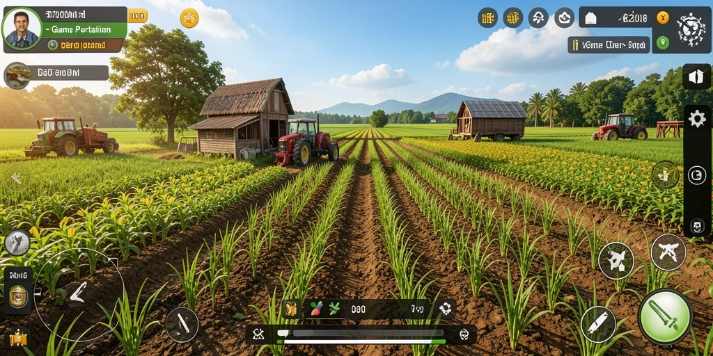 Screenshot utama D200M menunjukkan gameplay bertani yang seru dan interaktif.
