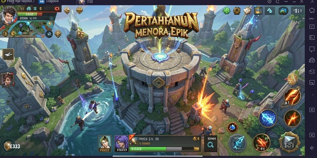 Screenshot FB333 menunjukkan aksi menara pertahanan melawan gelombang musuh.