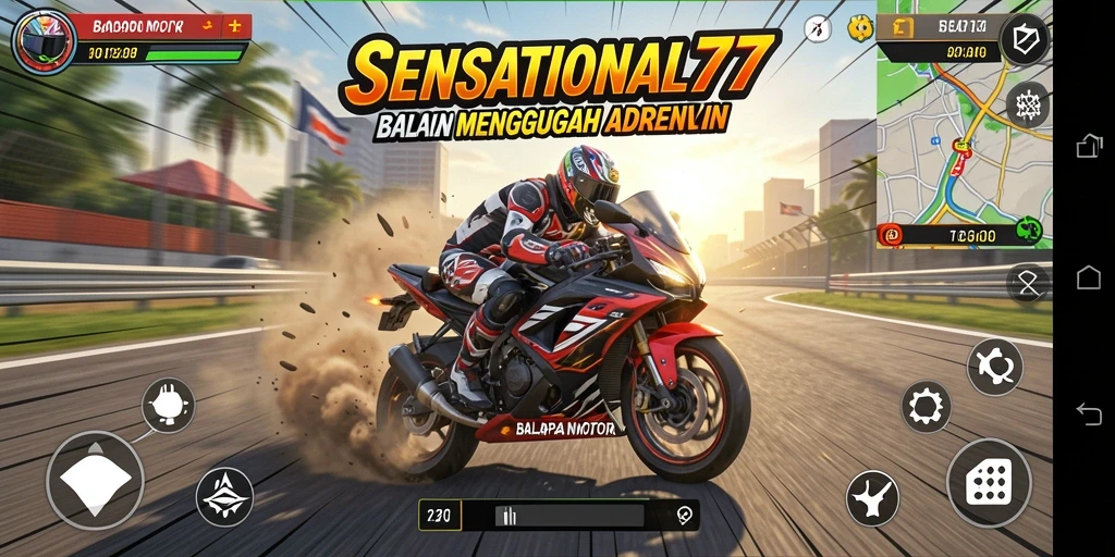 Tampilan menarik dari gameplay balapan motor di SENSATIONAL77.