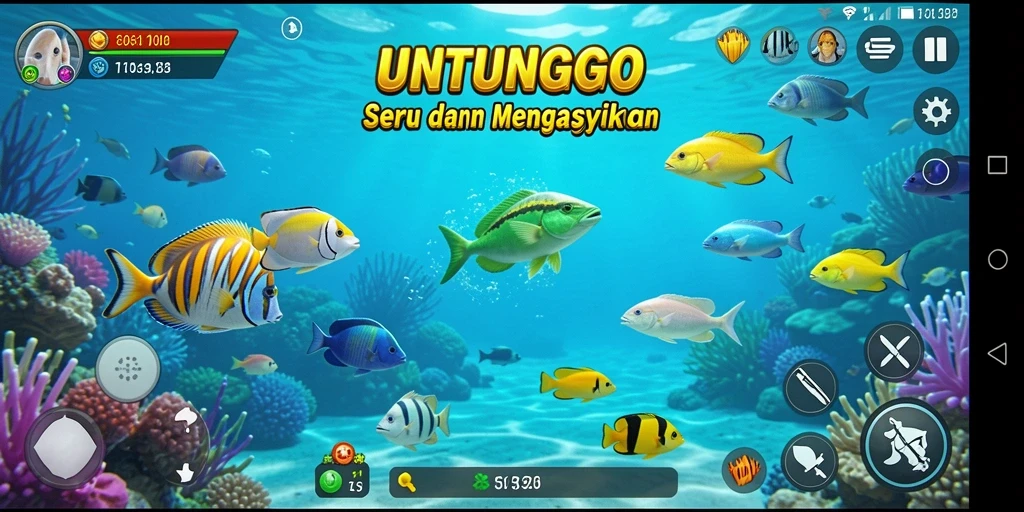 Tampilan gameplay UNTUNGGO yang seru dalam menembak ikan.